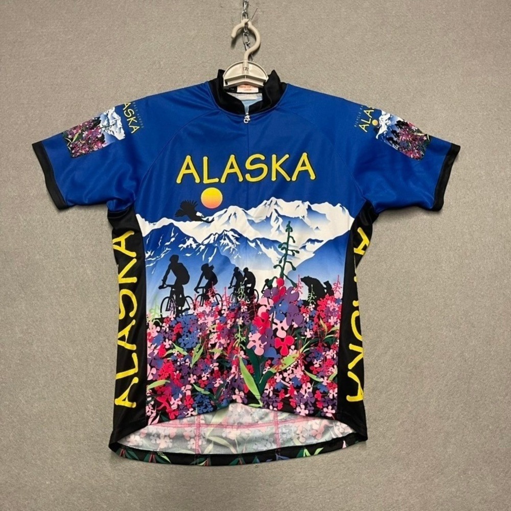 Alaska Bicycle Jersey Womens Large Blue 1/2 Zip Colorful Panorama Short Sleeve